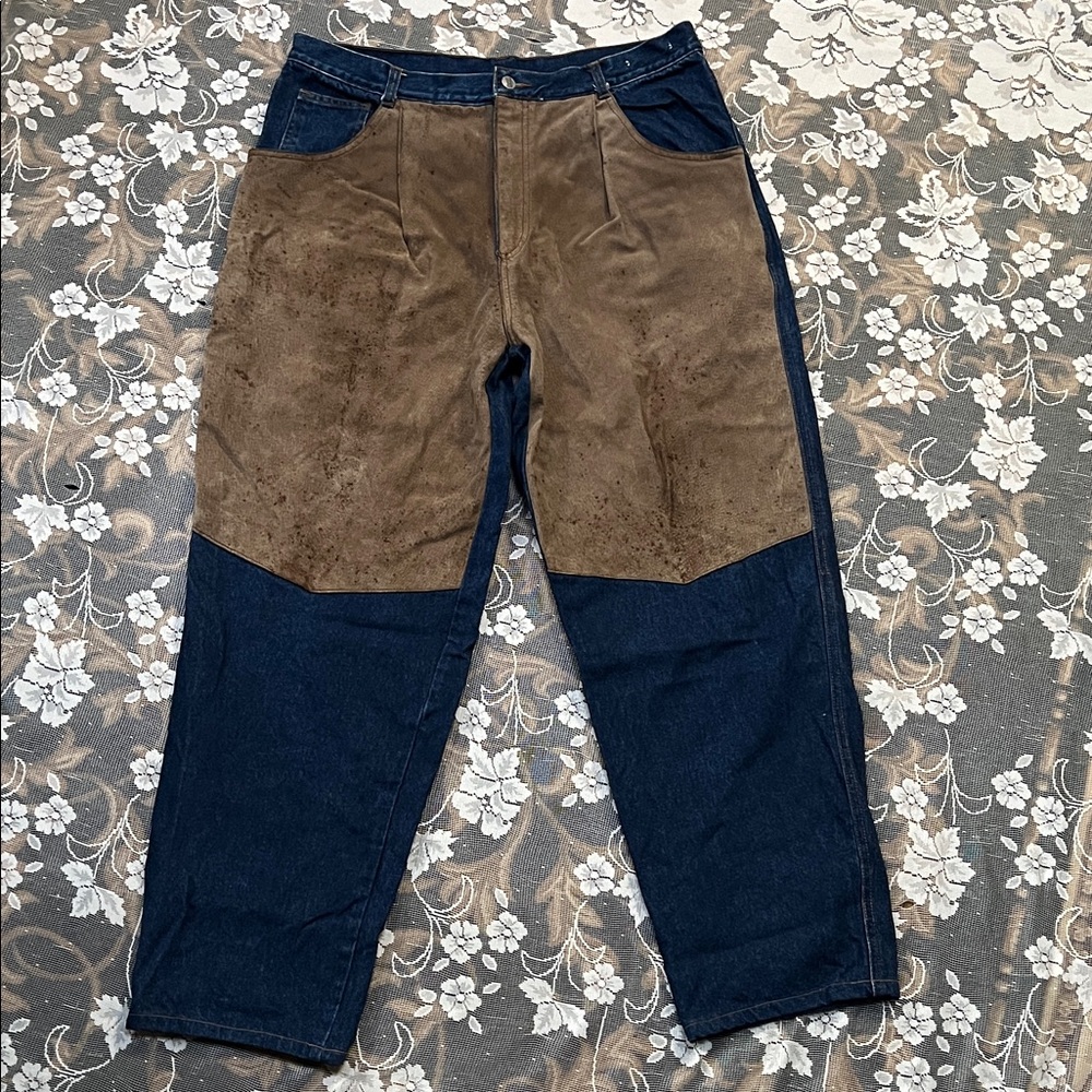 VTG 90s Machine Suede Leather Cowboy Loose Tapered  Denim Jeans